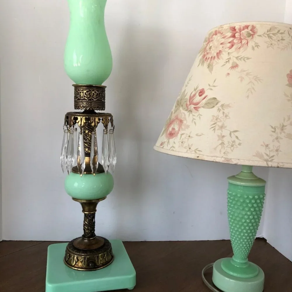 Rare Jadeite Lamp Uranium glass lamp Peacock Jefferson Glass Company Lamp Jade